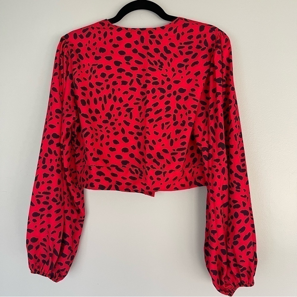 Balloon Sleeve Button Front Crop Top Red Leopard Print Gillian Blouse - Picture 7 of 13